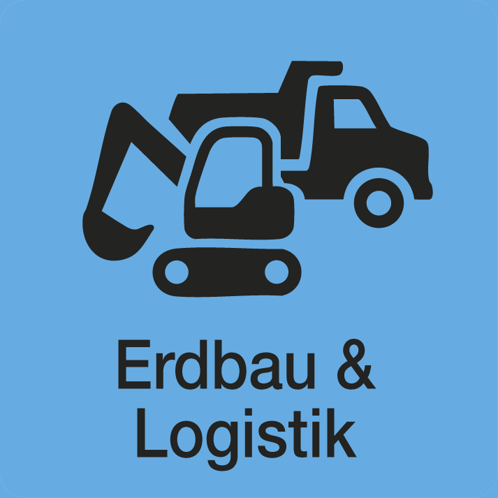 Schwarze Icons eines Baggers und eines LKWs mit der Aufschrift Erdbau & Logistik auf blauem Hintergrund.