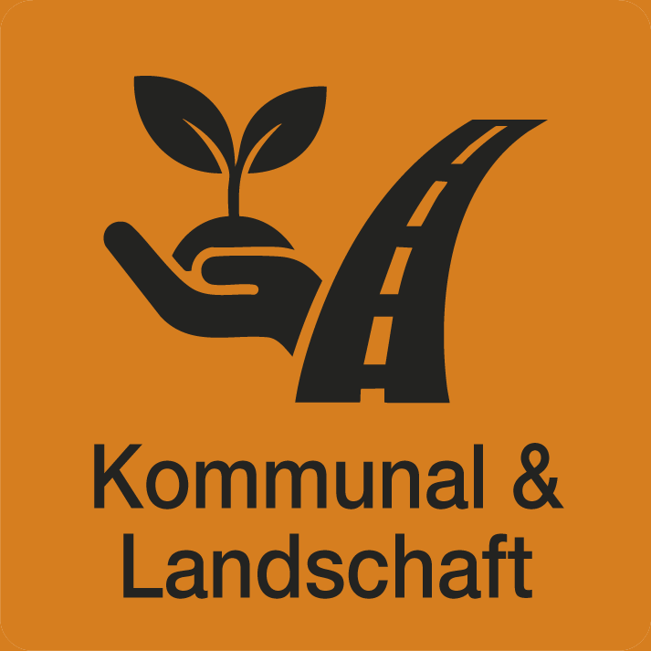 Eine Hand, die eine Pflanze neben einer Straße hält, mit dem Text Kommunal & Landschaft auf einem orangefarbenen Hintergrund.