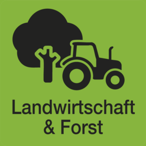 Schwarze Traktor-, Baum- und Busch-Symbole auf grünem Hintergrund mit dem Text Landwirtschaft & Forst darunter.