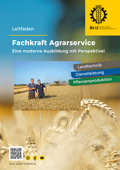 Zwei Männer stehen in einem Weizenfeld mit einem Mähdrescher; der Text wirbt für Berufe in der Landwirtschaft.