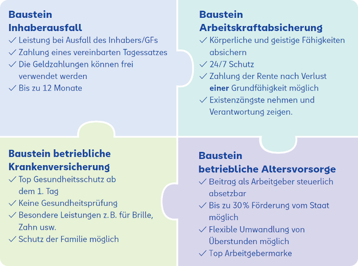 Infografik zu vier Versicherungsbausteinen mit kurzen Stichpunkten zu Leistungen und Schutzarten.