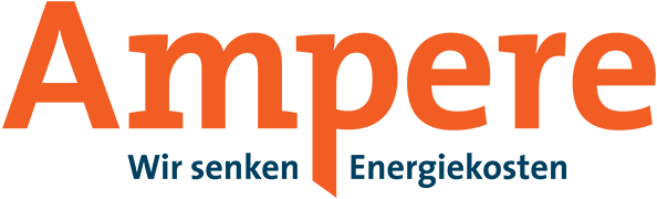 Ampere-Logo in Orange mit dem deutschen Text Wir senken Energiekosten in Blau darunter.