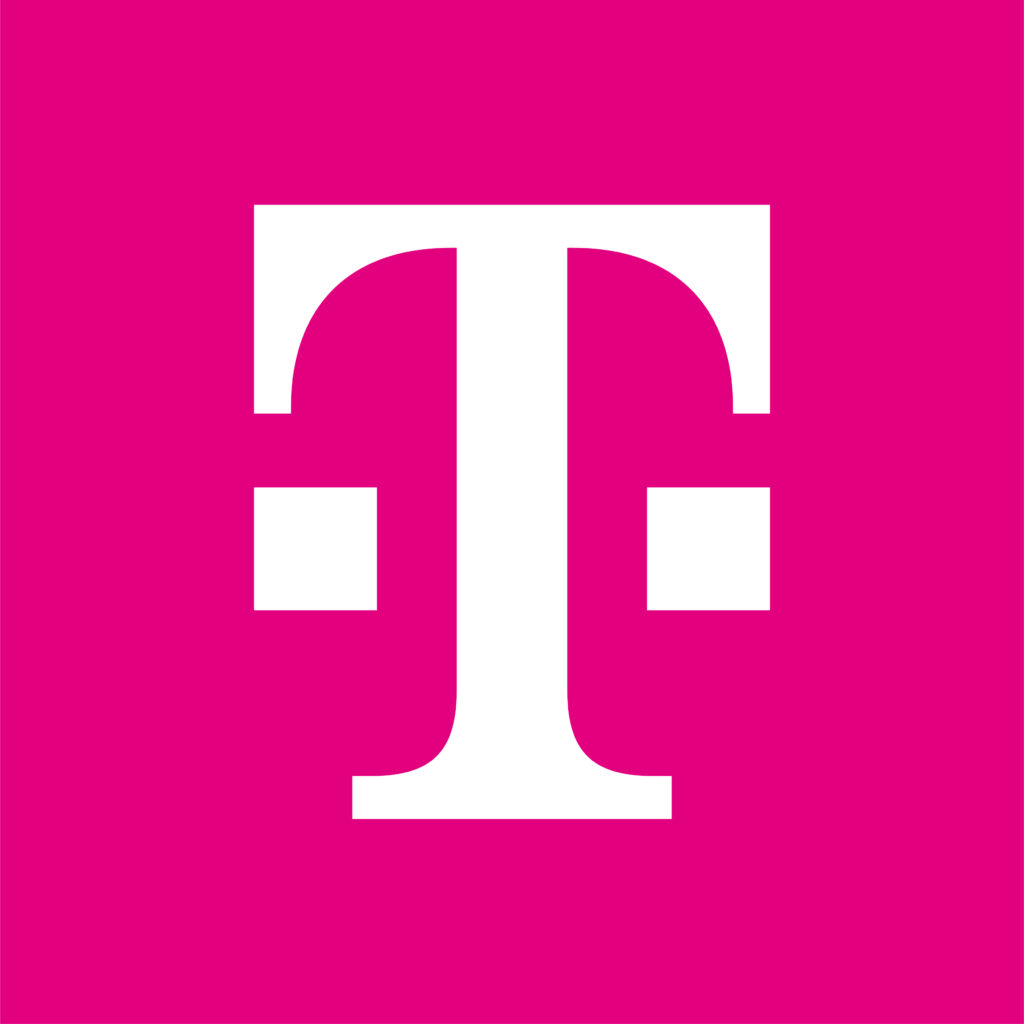 Ein weißes T-Logo mit zwei horizontalen Balken auf einem magentafarbenen Hintergrund.