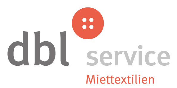 Logo mit dem Text dbl service Miettextilien und einem orangefarbenen Kreis mit vier weißen Punkten wie ein Knopf.