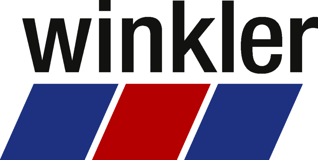 Das Wort winkler über drei diagonalen Streifen: blau, rot und blau, auf weißem Hintergrund.