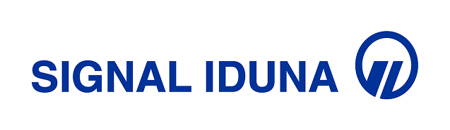 Blauer SIGNAL IDUNA Text mit kreisförmigem blauem Logo auf weißem Hintergrund.
