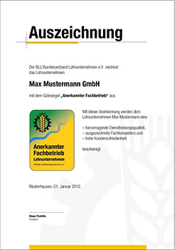 Zertifikat für die Max Mustermann GmbH, ausgezeichnet als Anerkannter Fachbetrieb für Servicequalität, vom 1. Januar 2015.