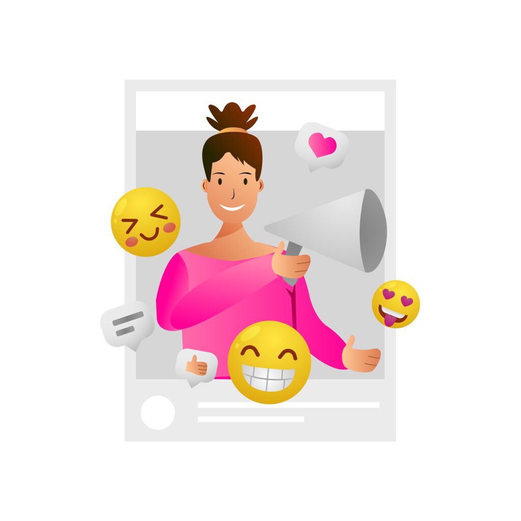 Frau hält ein Megaphon mit lächelnden Emojis, einem Herz und Sprechblasen um sie herum in einem Beitrag in den sozialen Medien.