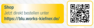 Gelbe Box mit Text und QR-Code zur Bestellung auf https://blu.works-kiefner.de/ in deutscher Sprache.