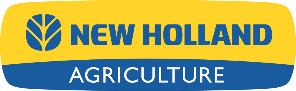 New Holland Agriculture Logo mit gelben und blauen Farben und stilisiertem Blattemblem.