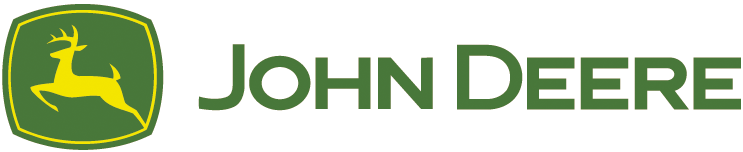 John Deere-Logo mit einem gelben Hirsch, der in ein grünes und gelbes Schild springt, neben grünem Text mit der Aufschrift John Deere.