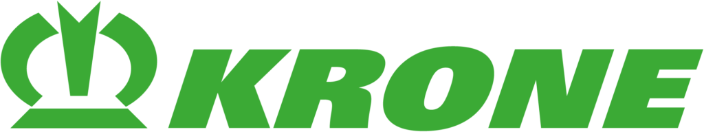 Grünes KRONE-Logo mit kreisförmiger Grafik und stilisiertem Traktorsymbol links vom fettgedruckten Text.