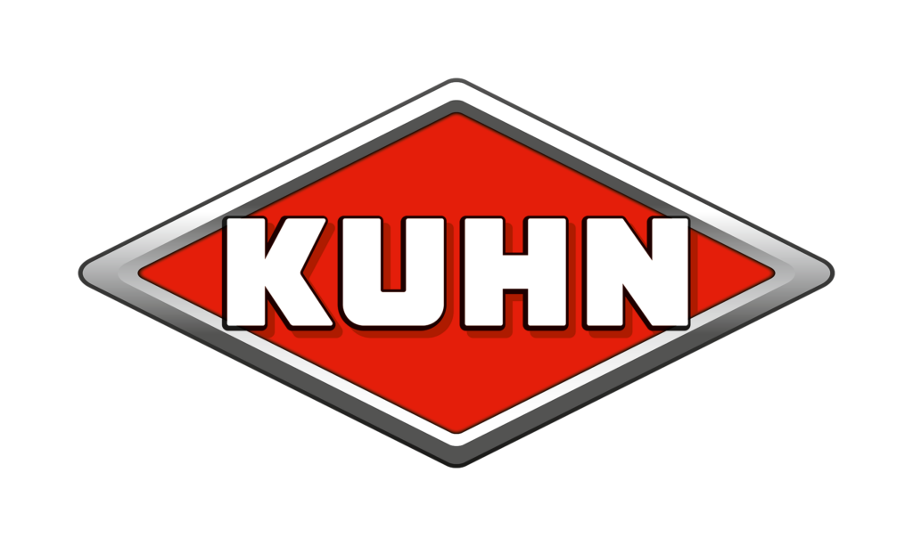 Rotes rautenförmiges Logo mit dem Wort KUHN in fetten weißen Buchstaben, schwarz umrandet.