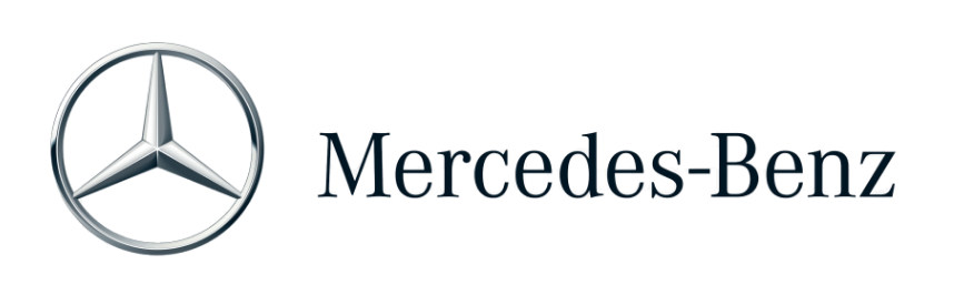 Mercedes-Benz Logo mit silbernem, dreizackigem Stern in einem Kreis, daneben der Markenname in schwarzer Schrift.