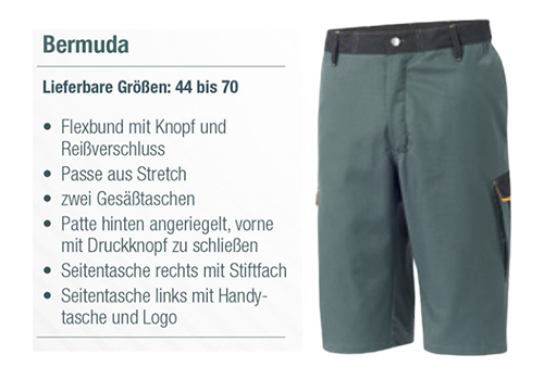 Grüne Bermudashorts mit schwarzem Bund, Seitentaschen und einer Merkmalsliste in deutscher Sprache auf der linken Seite.