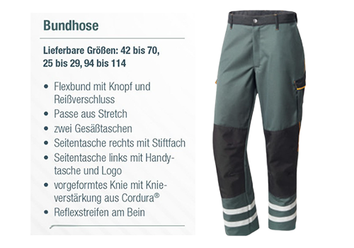 Grüne Arbeitshose mit schwarzen Knieaufnähern, Reflexstreifen und Seitentaschen; Merkmale auf der linken Seite aufgeführt.