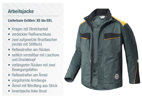 Grüne Arbeitsjacke mit gelben Akzenten, die neben einer Liste ihrer Merkmale und verfügbaren Größen angezeigt wird.