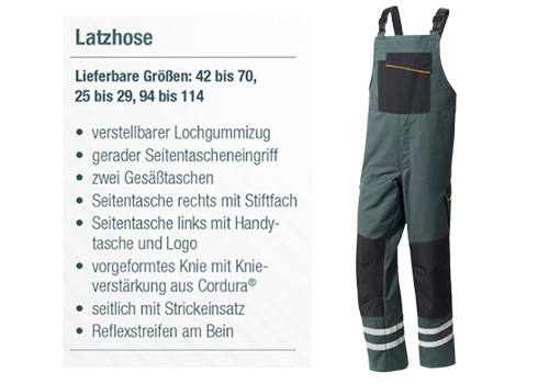 Grüner Latzanzug mit schwarzen Details und Reflexstreifen, abgebildet neben einer Liste von Merkmalen in deutscher Sprache.