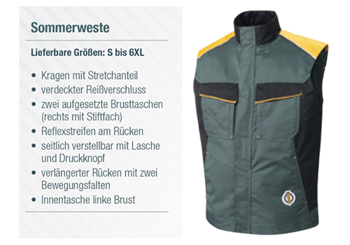 Grüne Sommerweste mit gelben Schulterakzenten, abgebildet neben einer Liste der Merkmale und verfügbaren Größen S bis 6XL.