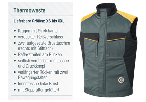 Ärmellose grau-schwarze Thermoweste mit gelben Akzenten, Reißverschluss und mehreren Fronttaschen.