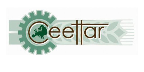 Ceettar-Logo mit einem grünen Zahnrad, einer Europakarte und stilisiertem Text auf gemustertem Hintergrund.