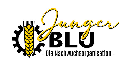 Logo mit gelbem Weizenhalm, Zahnrad und Text Junger BLU - Die Nachwuchsorganisation auf weißem Hintergrund.