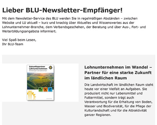 Screenshot eines deutschen Newsletters mit einem Willkommensgruß und einem Abschnitt über landwirtschaftliche Unternehmen.