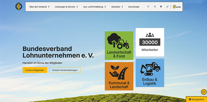 Website-Homepage mit Symbolen für Land- und Forstwirtschaft, Logistik und Landschaft, die 30.000 Beschäftigte zeigen.