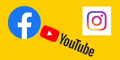 Facebook-, YouTube- und Instagram-Logos auf gelbem Hintergrund.