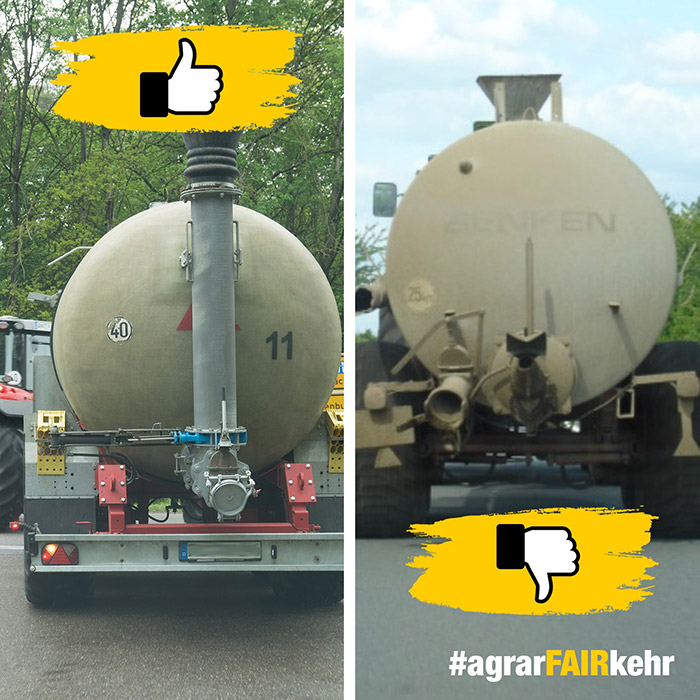 Geteiltes Bild: links ein sauberer Tank mit einem Daumen nach oben, rechts ein schmutziger Tank mit einem Daumen nach unten.