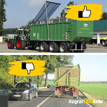 Oben: Gedeckter Anhänger mit Daumen nach oben; Unten: Offener Anhänger, der Getreide verschüttet, mit Daumen nach unten; #agrarFAIRkehr.