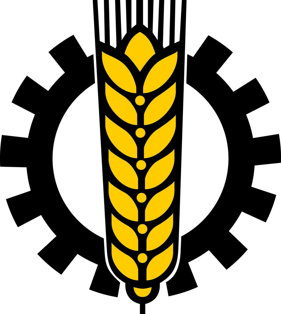 Eine gelbe Weizenähre, zentriert über einem schwarzen Zahnrad auf weißem Hintergrund.