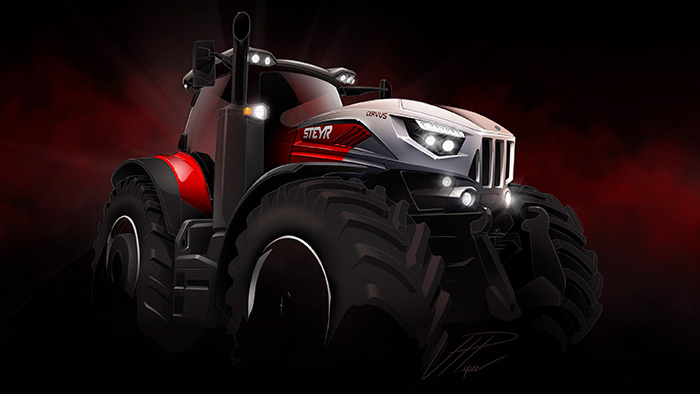 Stilisierte Illustration eines modernen rot-schwarzen Steyr-Traktors mit großen Reifen und hellen Scheinwerfern.